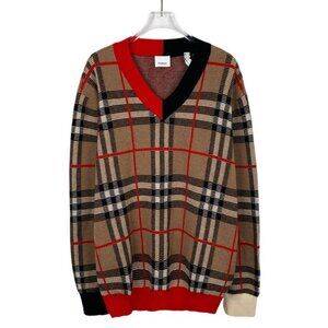 Burberry Brown Checkered Patchwork Wool Sweater With Red & Black Accents V-Neck